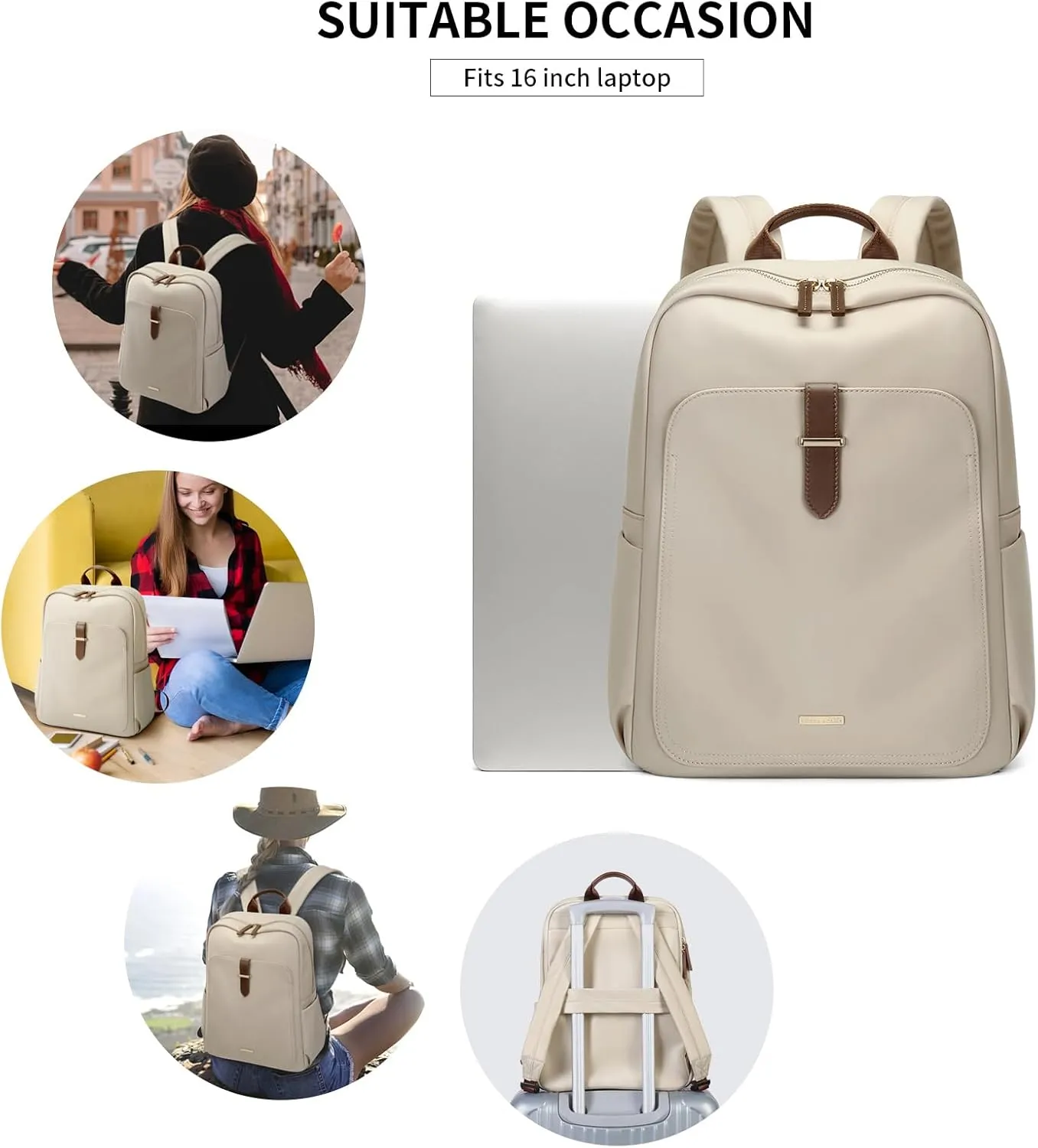 GOLF SUPAGS Laptop Backpack Purse for Women Fits 16 Inch Notebook Casual Daypack Work Travel College Bookbag Fashion Computer Bag (Apricot, 16 Inch)