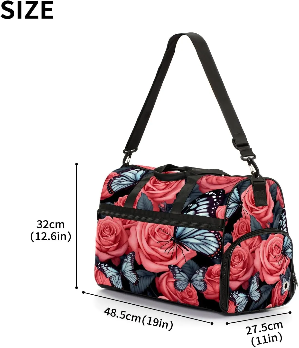 Gym Bag for Women, Carry on Weekender Overnight Bag, Travel Duffel Bags, Personal Item Travel Bag Tote Bag Workout Dance Bag, Butterfly Rose Flower - 7