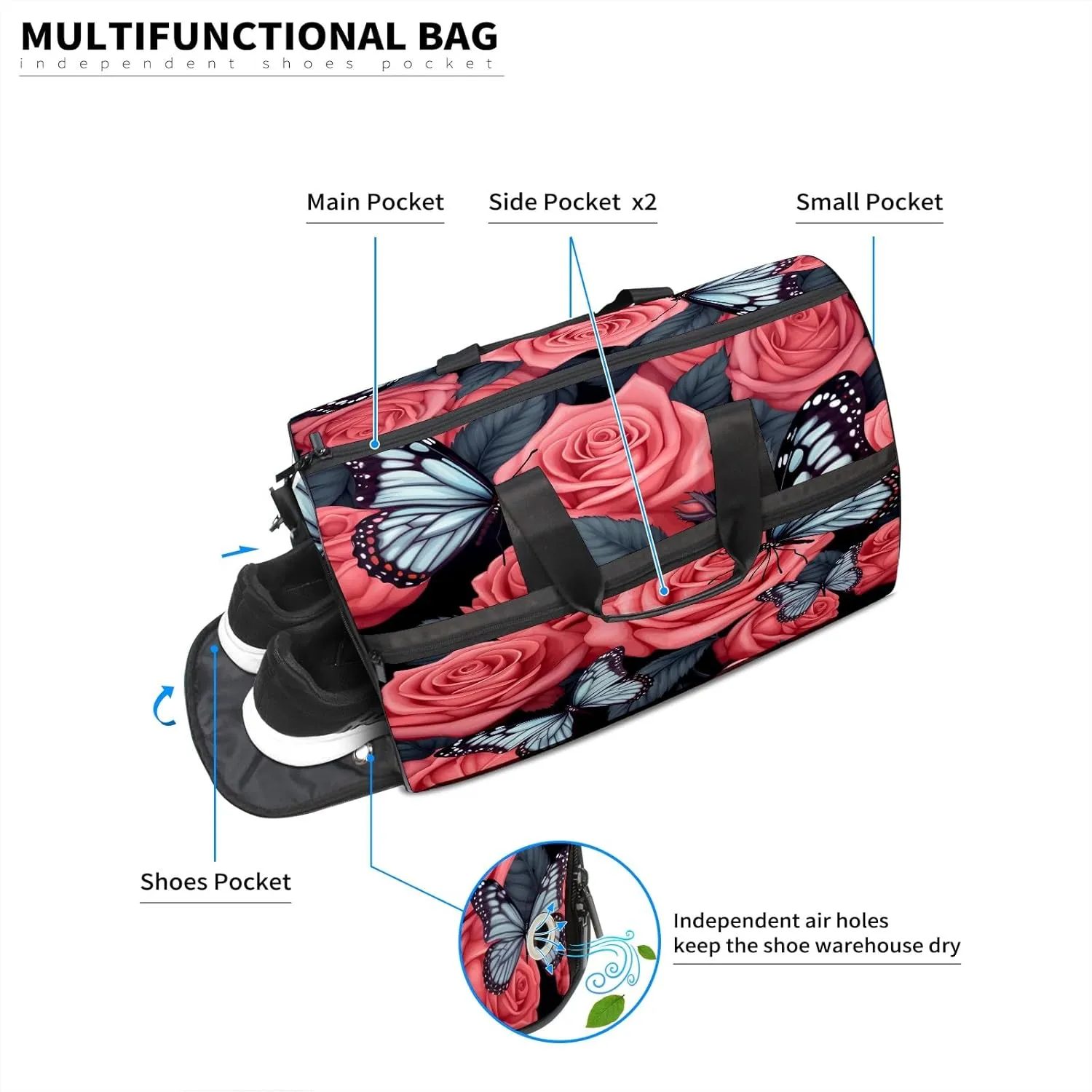 Gym Bag for Women, Carry on Weekender Overnight Bag, Travel Duffel Bags, Personal Item Travel Bag Tote Bag Workout Dance Bag, Butterfly Rose Flower - 7