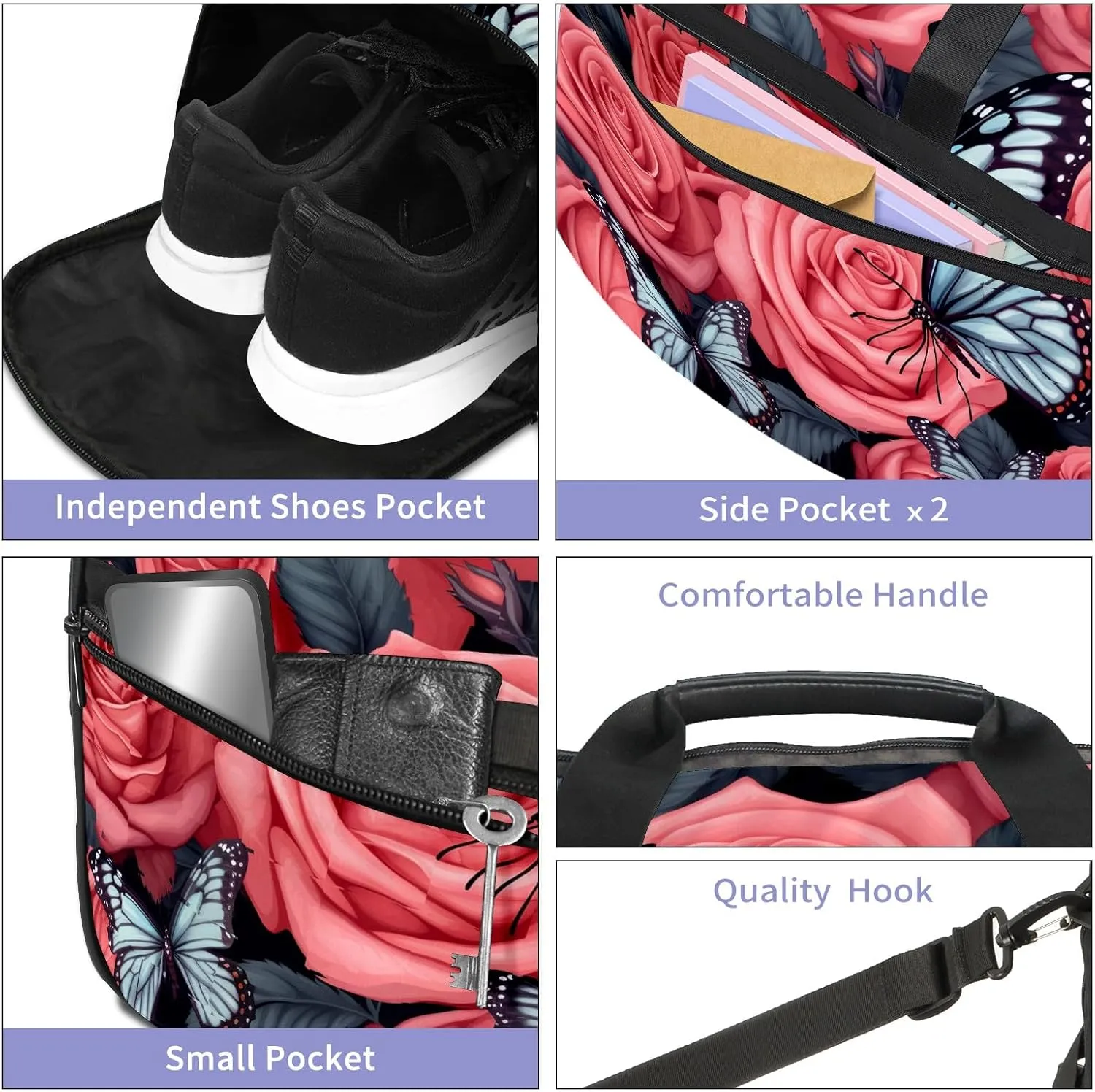 Gym Bag for Women, Carry on Weekender Overnight Bag, Travel Duffel Bags, Personal Item Travel Bag Tote Bag Workout Dance Bag, Butterfly Rose Flower - 7