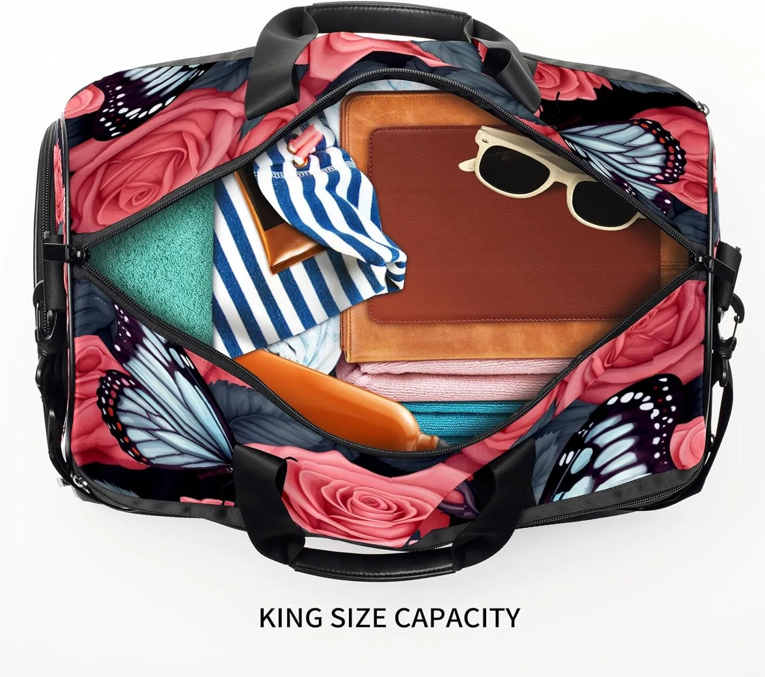 Gym Bag for Women, Carry on Weekender Overnight Bag, Travel Duffel Bags, Personal Item Travel Bag Tote Bag Workout Dance Bag, Butterfly Rose Flower - 7
