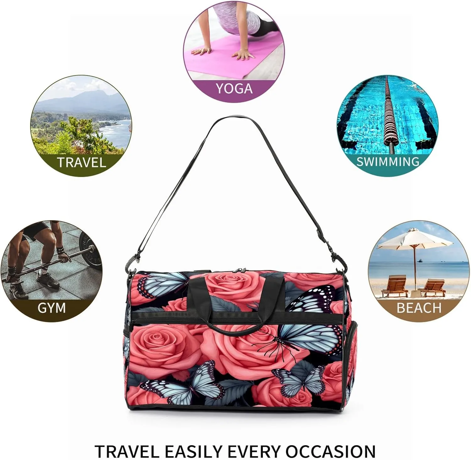Gym Bag for Women, Carry on Weekender Overnight Bag, Travel Duffel Bags, Personal Item Travel Bag Tote Bag Workout Dance Bag, Butterfly Rose Flower - 7
