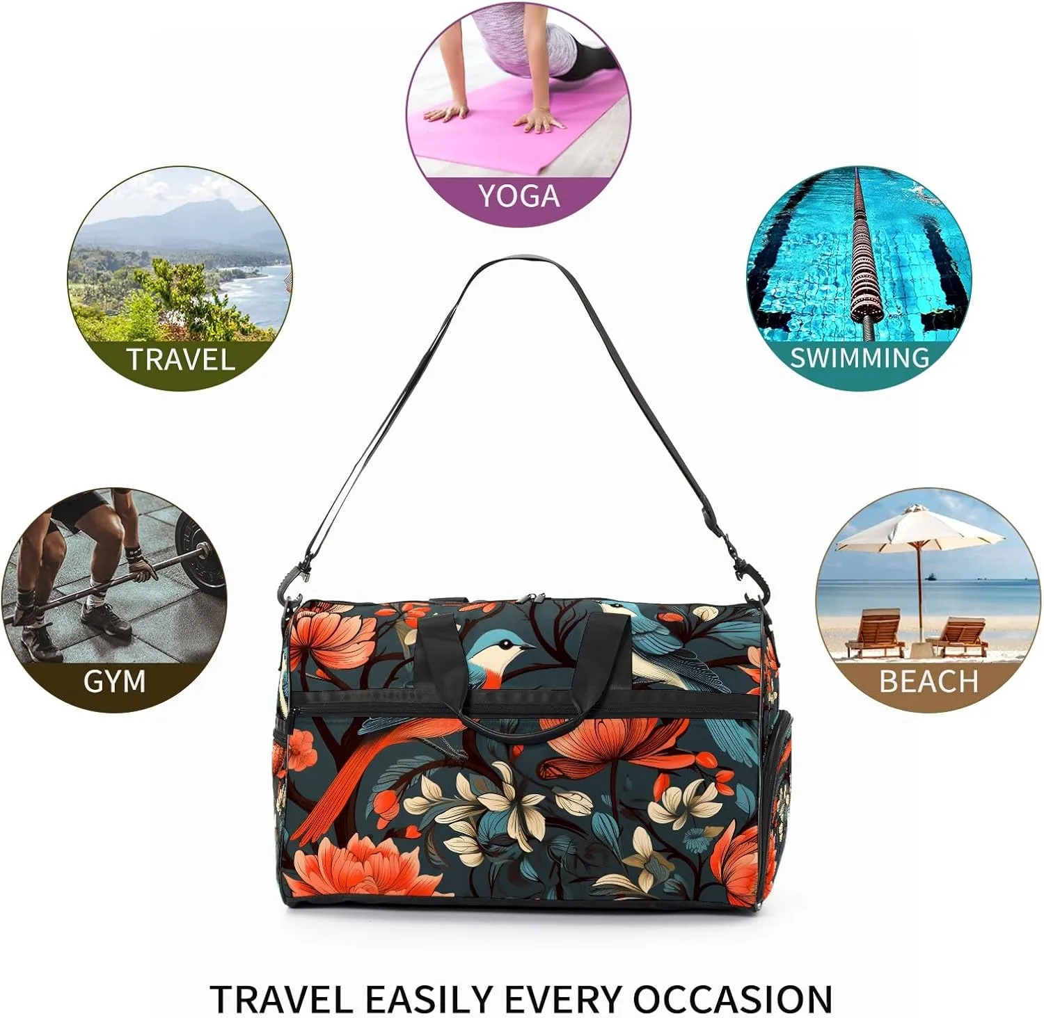 Gym Bag for Women, Carry on Weekender Overnight Bag, Travel Duffel Bags, Personal Item Travel Bag Tote Bag Workout Dance Bag, Chinese Painting Bird - 48