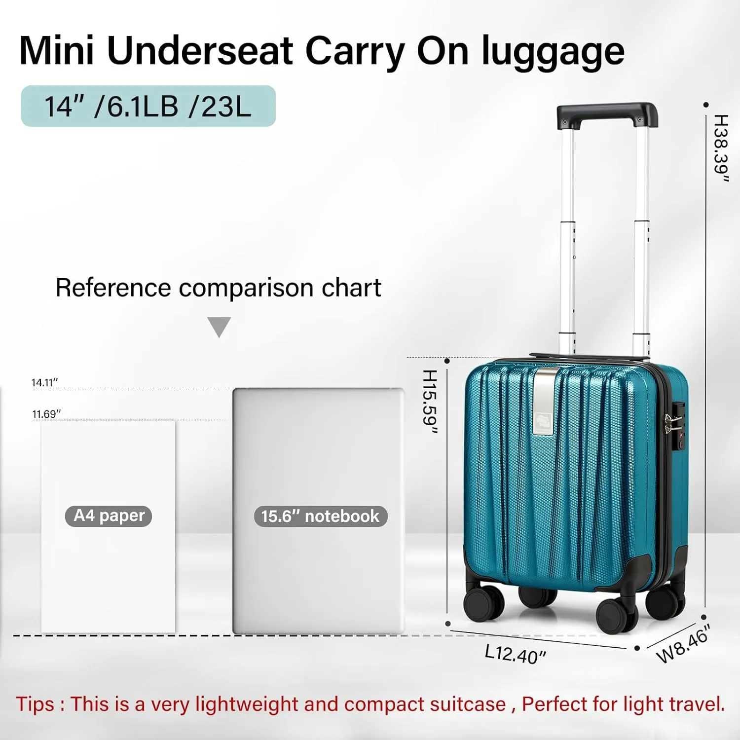 Hanke 14 Inch Underseat Carry On Luggage with Wheels, Lightweight, Waterproof, Travel Approved, Suitcase, Caribbean Blue.