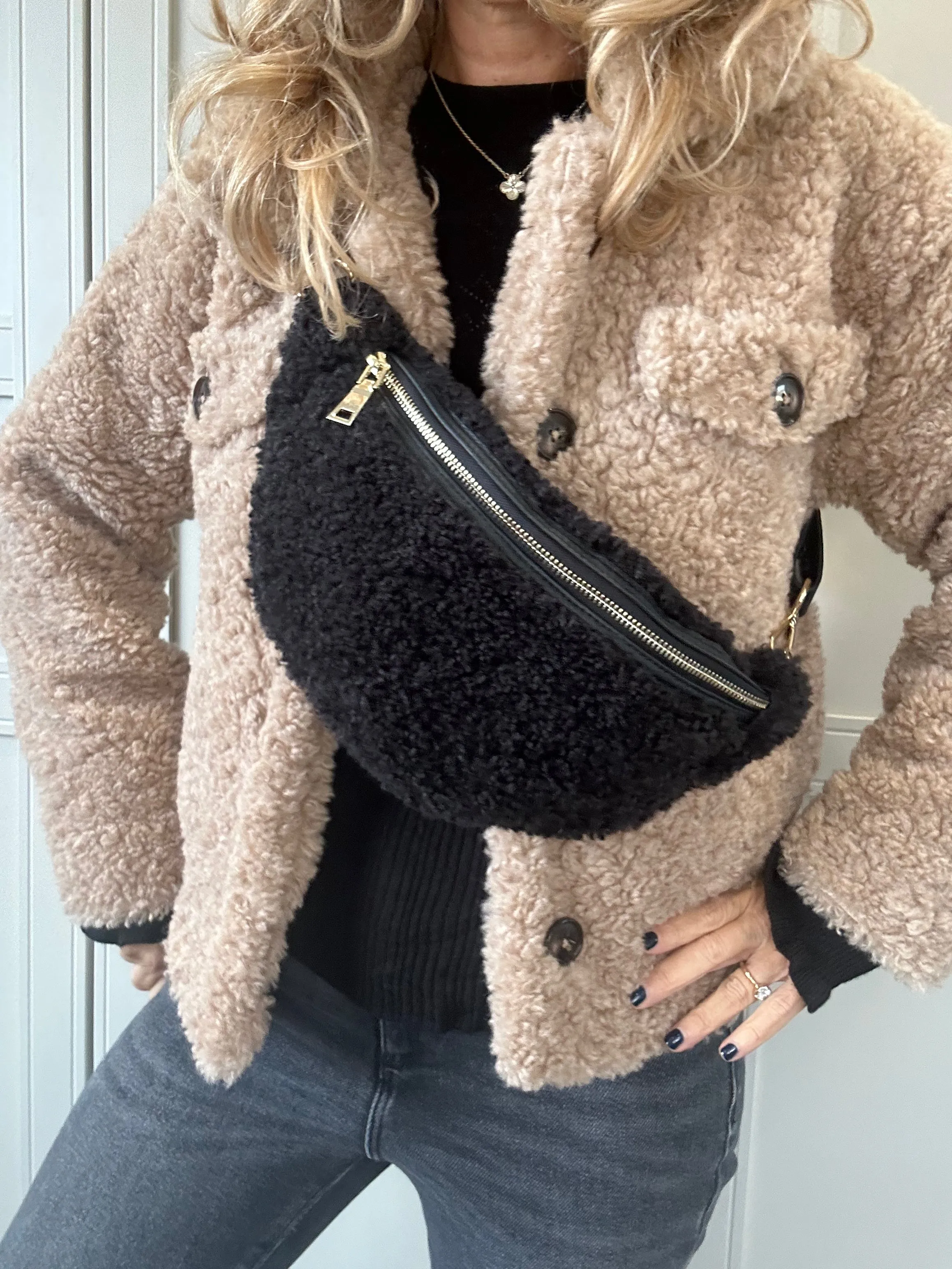 Harley Shearling Teddy Crossbody Sling Bag / Belt Bag | Grey