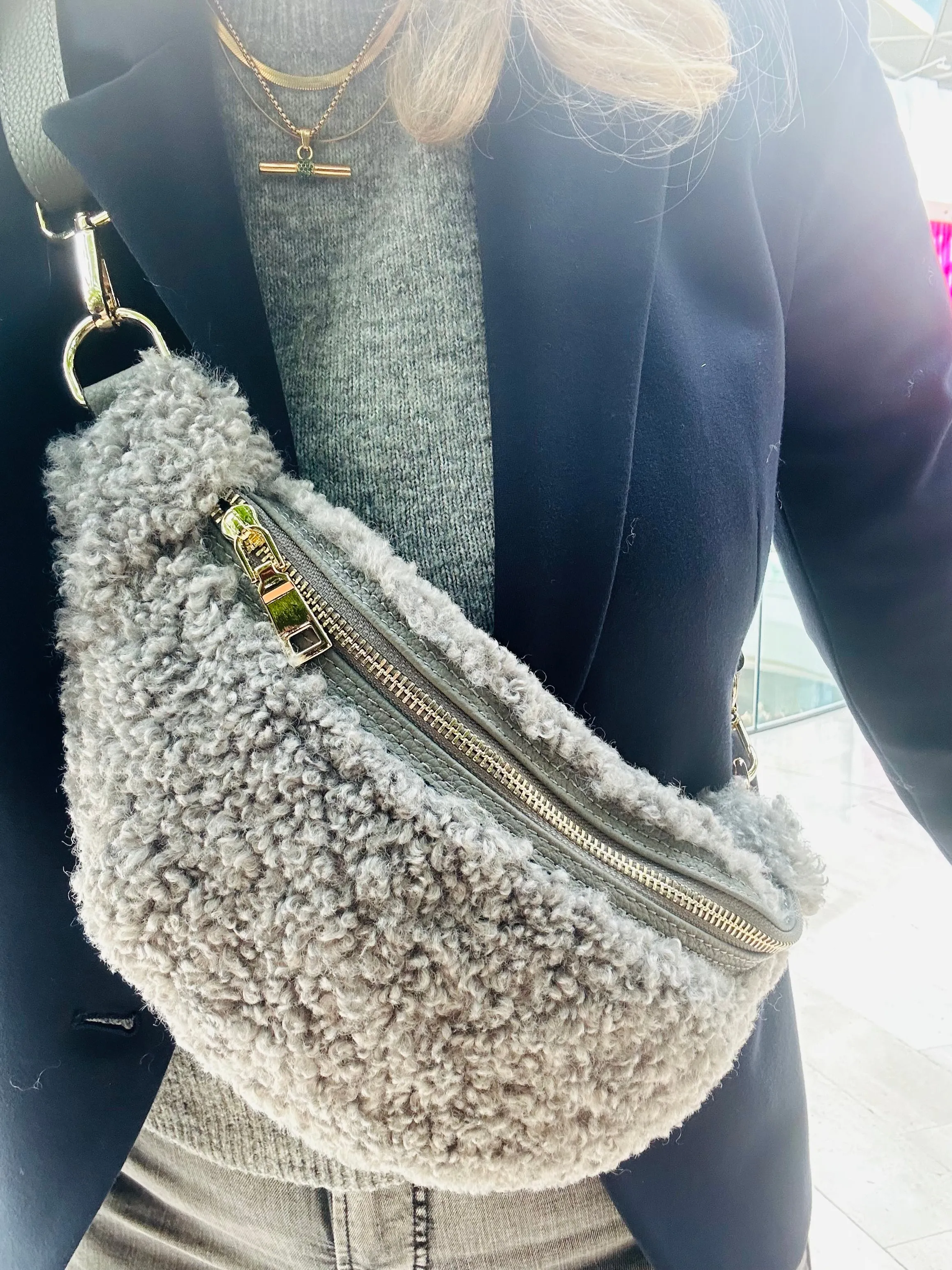 Harley Shearling Teddy Crossbody Sling Bag / Belt Bag | Grey