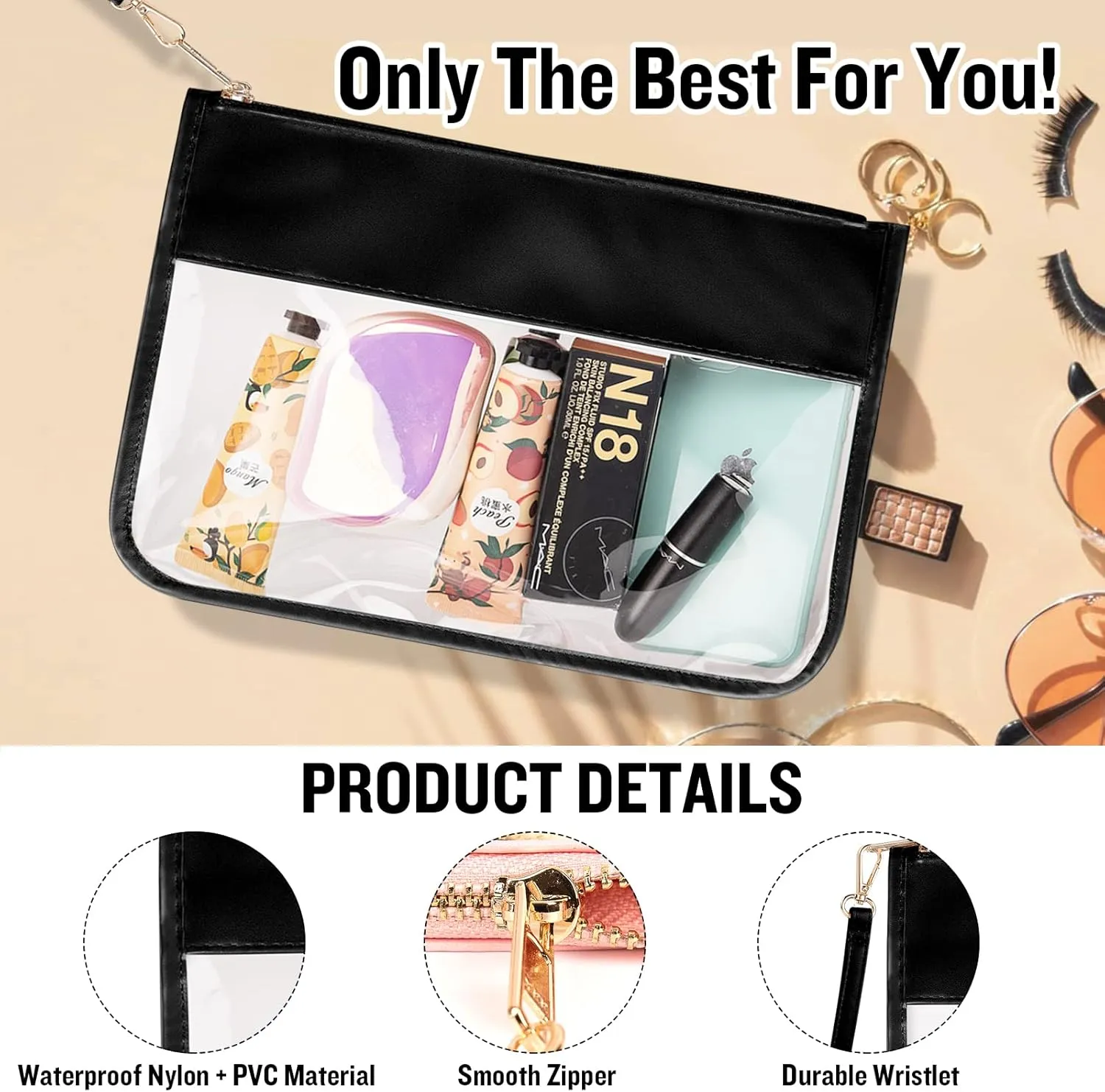 Izuzta Clear PVC Flat Pouch - Travel Makeup Bag With Wristlet, DIY Chenille Letter Bag, Waterproof Portable Toiletry Cosmetic Pouch for Women Girls (Black)