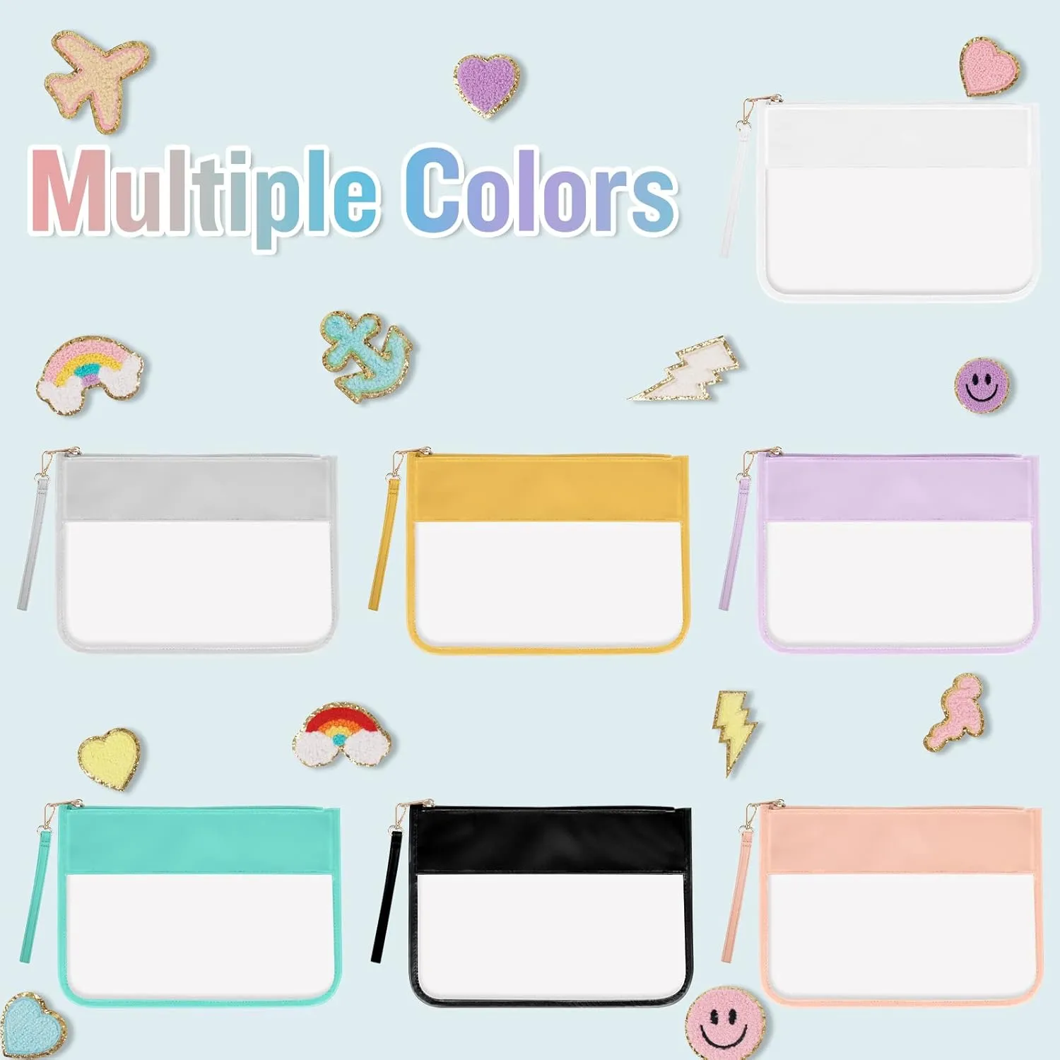 Izuzta Clear PVC Flat Pouch - Travel Makeup Bag With Wristlet, DIY Chenille Letter Bag, Waterproof Portable Toiletry Cosmetic Pouch for Women Girls (Black)