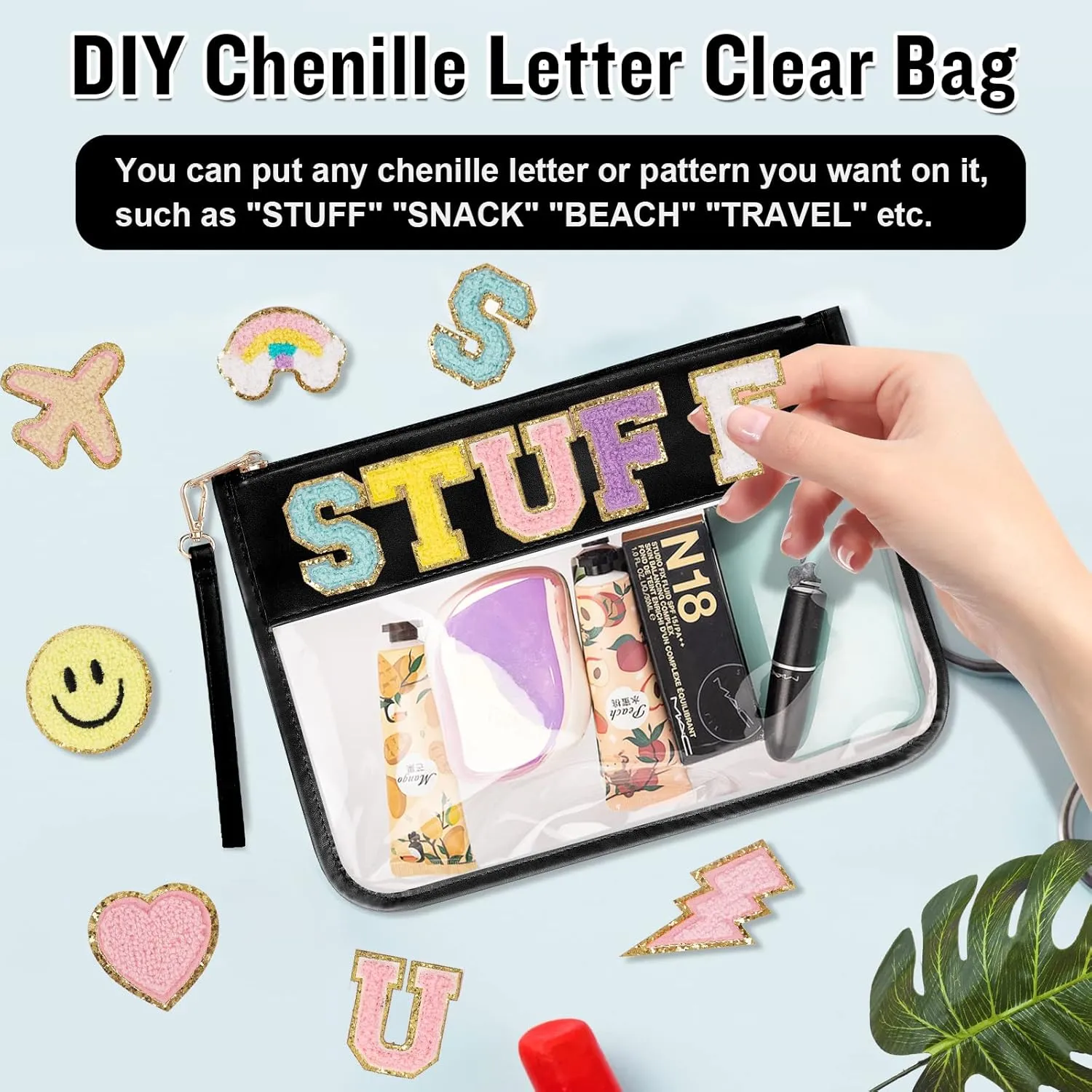 Izuzta Clear PVC Flat Pouch - Travel Makeup Bag With Wristlet, DIY Chenille Letter Bag, Waterproof Portable Toiletry Cosmetic Pouch for Women Girls (Black)