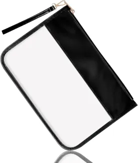 Izuzta Clear PVC Flat Pouch - Travel Makeup Bag With Wristlet, DIY Chenille Letter Bag, Waterproof Portable Toiletry Cosmetic Pouch for Women Girls (Black)