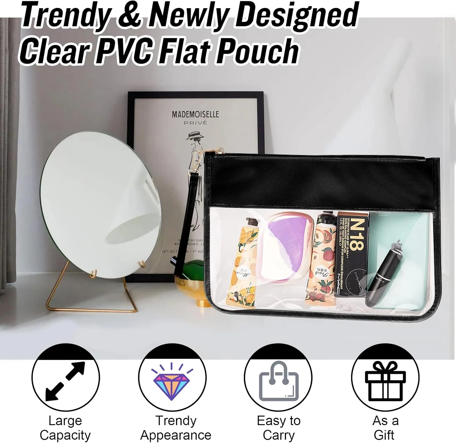 Izuzta Clear PVC Flat Pouch - Travel Makeup Bag With Wristlet, DIY Chenille Letter Bag, Waterproof Portable Toiletry Cosmetic Pouch for Women Girls (Black)