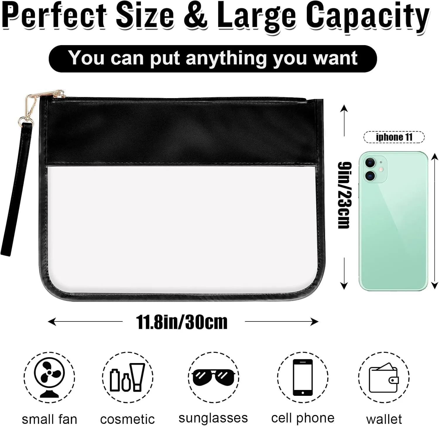 Izuzta Clear PVC Flat Pouch - Travel Makeup Bag With Wristlet, DIY Chenille Letter Bag, Waterproof Portable Toiletry Cosmetic Pouch for Women Girls (Black)