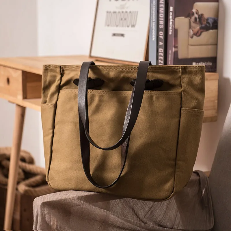 Khaki Canvas&Leather Mens Tote Handbag Messenger Bags Shoulder Tote Bag For Women