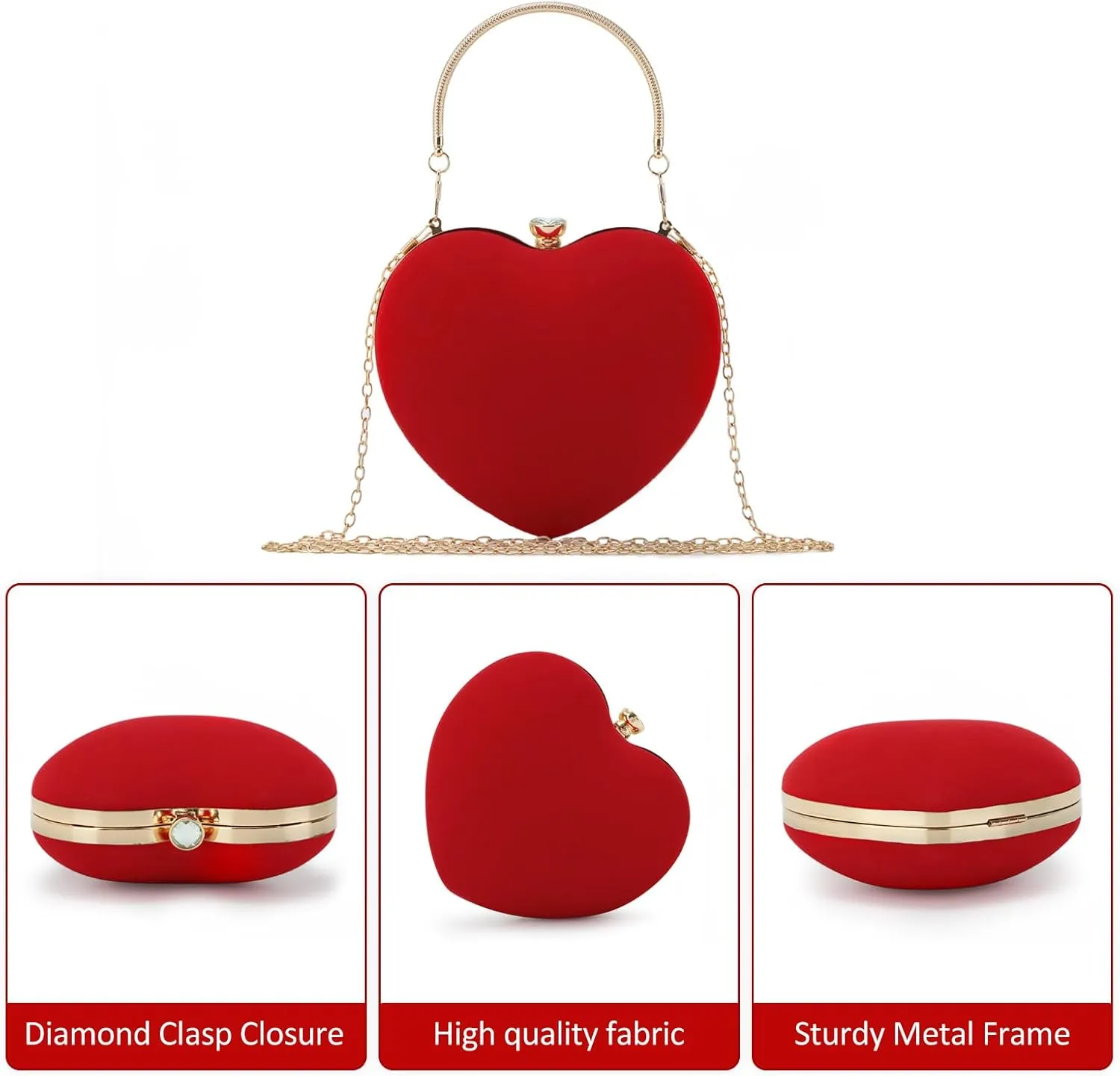 Lanpet Women Heart Shaped Evening Bag Mini Clutch Purse Chain Strap Shoulder Bag Handbag for Wedding Cocktail Party 