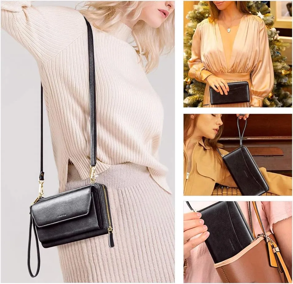 nuoku Womens RFID Wallet Purse Wristlet Crossbody Clutch with Zip Around 2 Strap