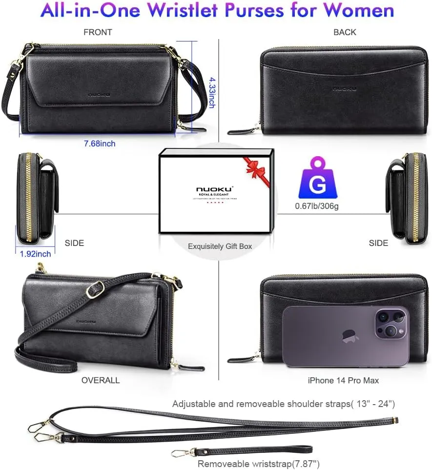 nuoku Womens RFID Wallet Purse Wristlet Crossbody Clutch with Zip Around 2 Strap