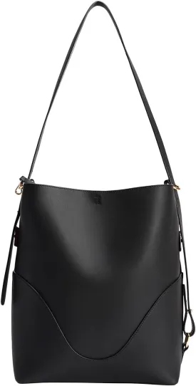 OLEADA Marina Soft Bucket Bag Onyx - Large Leather Work Bag for Women, 14-15 Inch Laptop Compartment, Adjustable Straps
