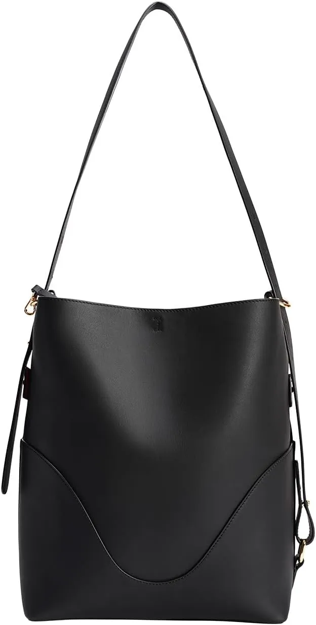 OLEADA Marina Soft Bucket Bag Onyx - Large Leather Work Bag for Women, 14-15 Inch Laptop Compartment, Adjustable Straps