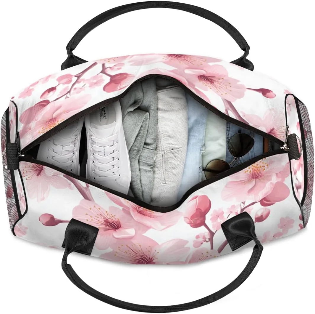 Personalized Blossom Peach Travel Duffel Bag with Name, Custom Gym Sport Bag Pink Flower Carry On Weekend Overnight Duffel Tote for Men Women