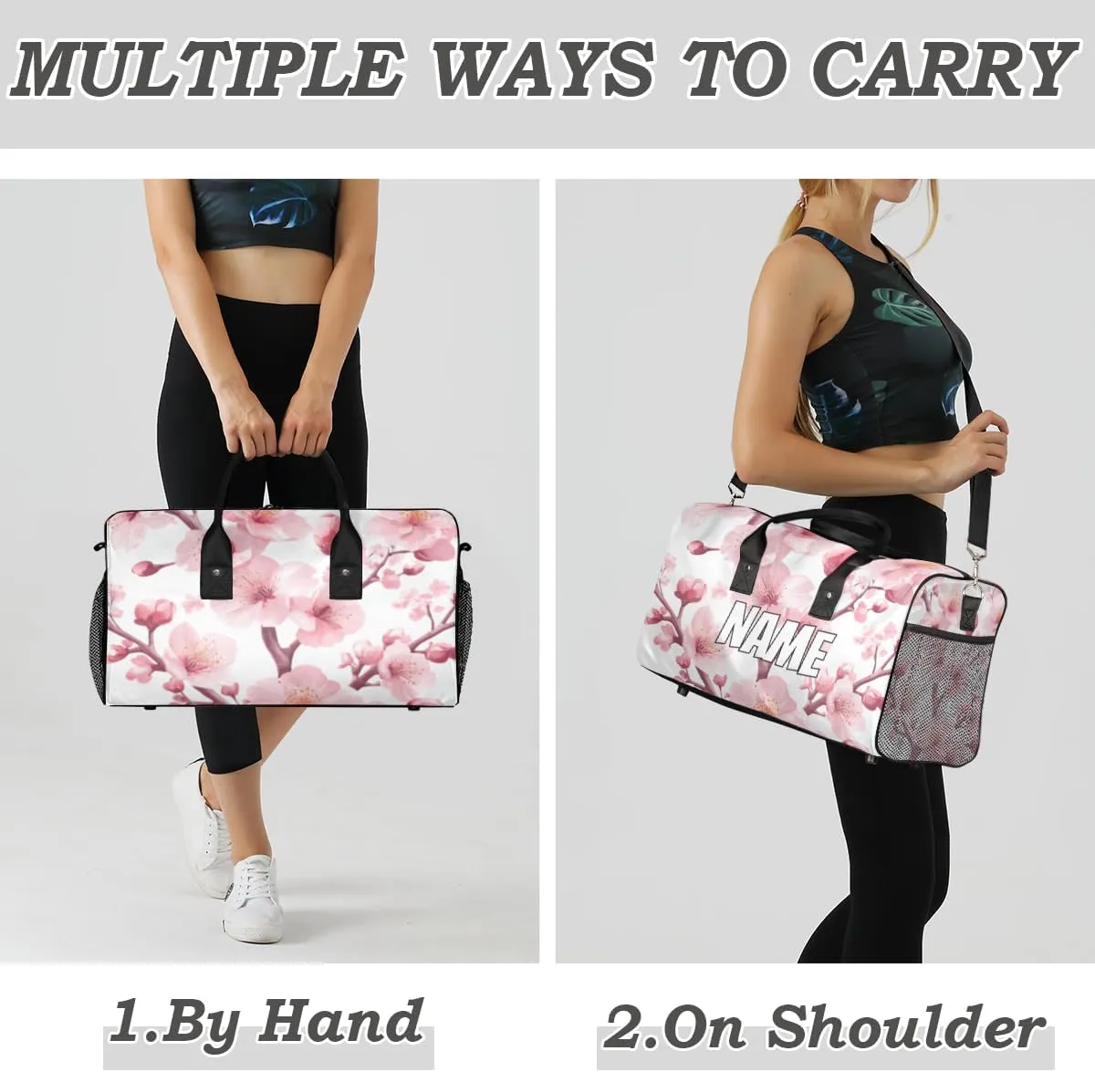 Personalized Blossom Peach Travel Duffel Bag with Name, Custom Gym Sport Bag Pink Flower Carry On Weekend Overnight Duffel Tote for Men Women