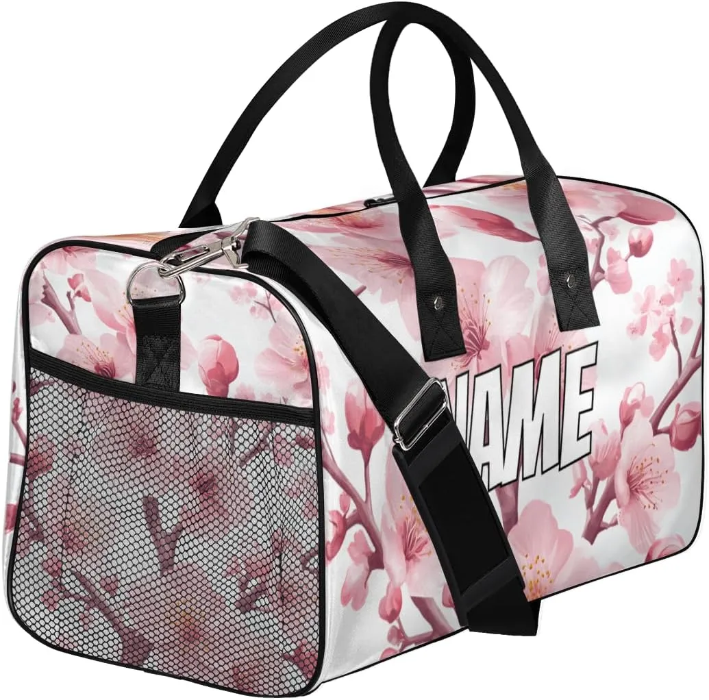 Personalized Blossom Peach Travel Duffel Bag with Name, Custom Gym Sport Bag Pink Flower Carry On Weekend Overnight Duffel Tote for Men Women