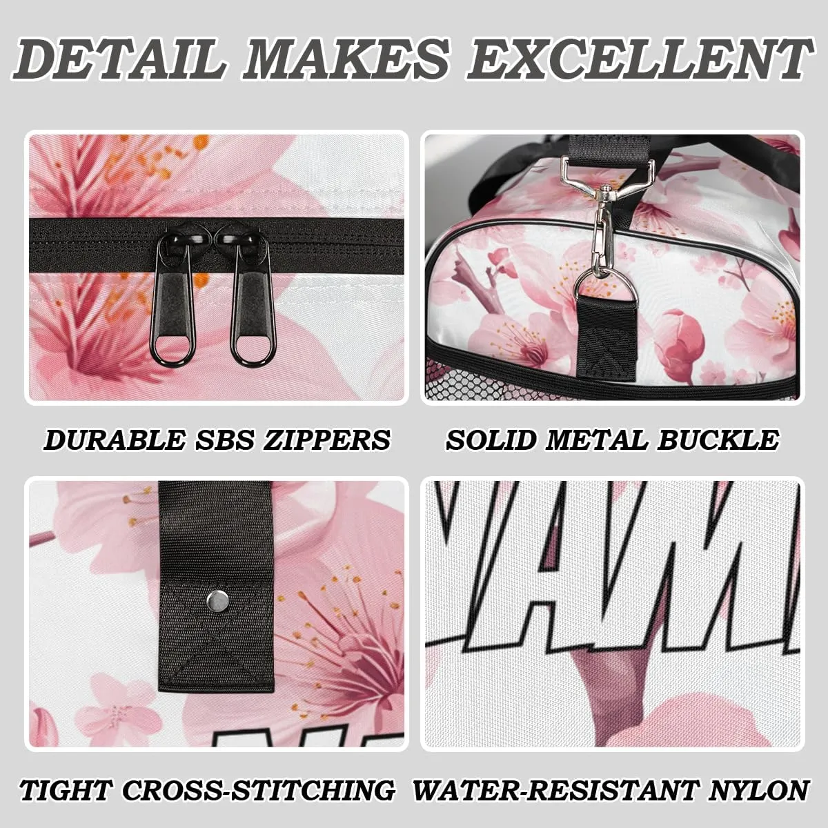 Personalized Blossom Peach Travel Duffel Bag with Name, Custom Gym Sport Bag Pink Flower Carry On Weekend Overnight Duffel Tote for Men Women