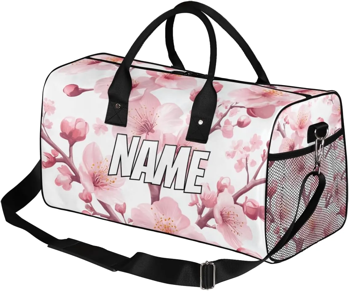 Personalized Blossom Peach Travel Duffel Bag with Name, Custom Gym Sport Bag Pink Flower Carry On Weekend Overnight Duffel Tote for Men Women