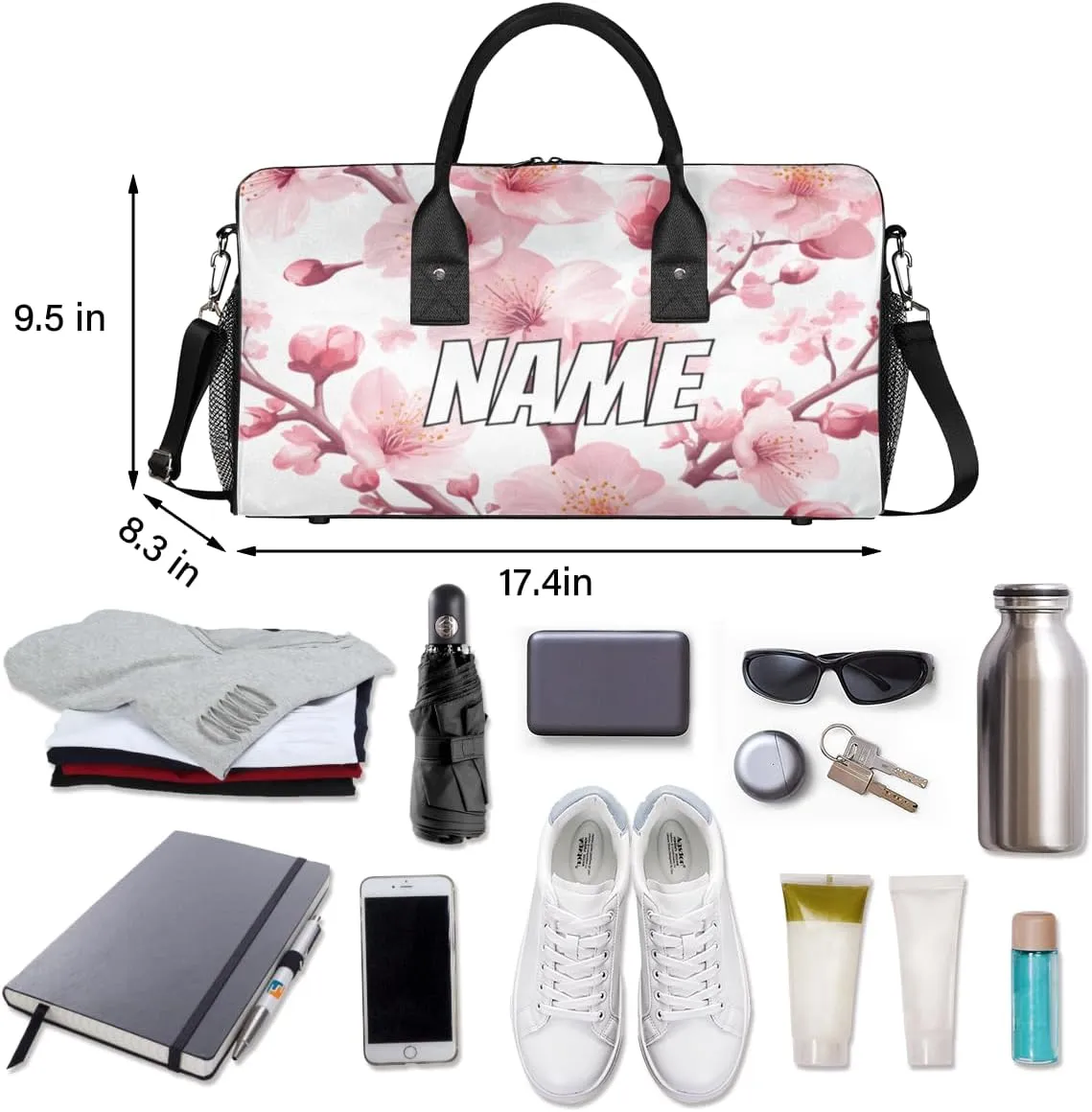 Personalized Blossom Peach Travel Duffel Bag with Name, Custom Gym Sport Bag Pink Flower Carry On Weekend Overnight Duffel Tote for Men Women