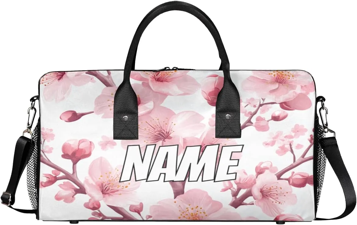 Personalized Blossom Peach Travel Duffel Bag with Name, Custom Gym Sport Bag Pink Flower Carry On Weekend Overnight Duffel Tote for Men Women