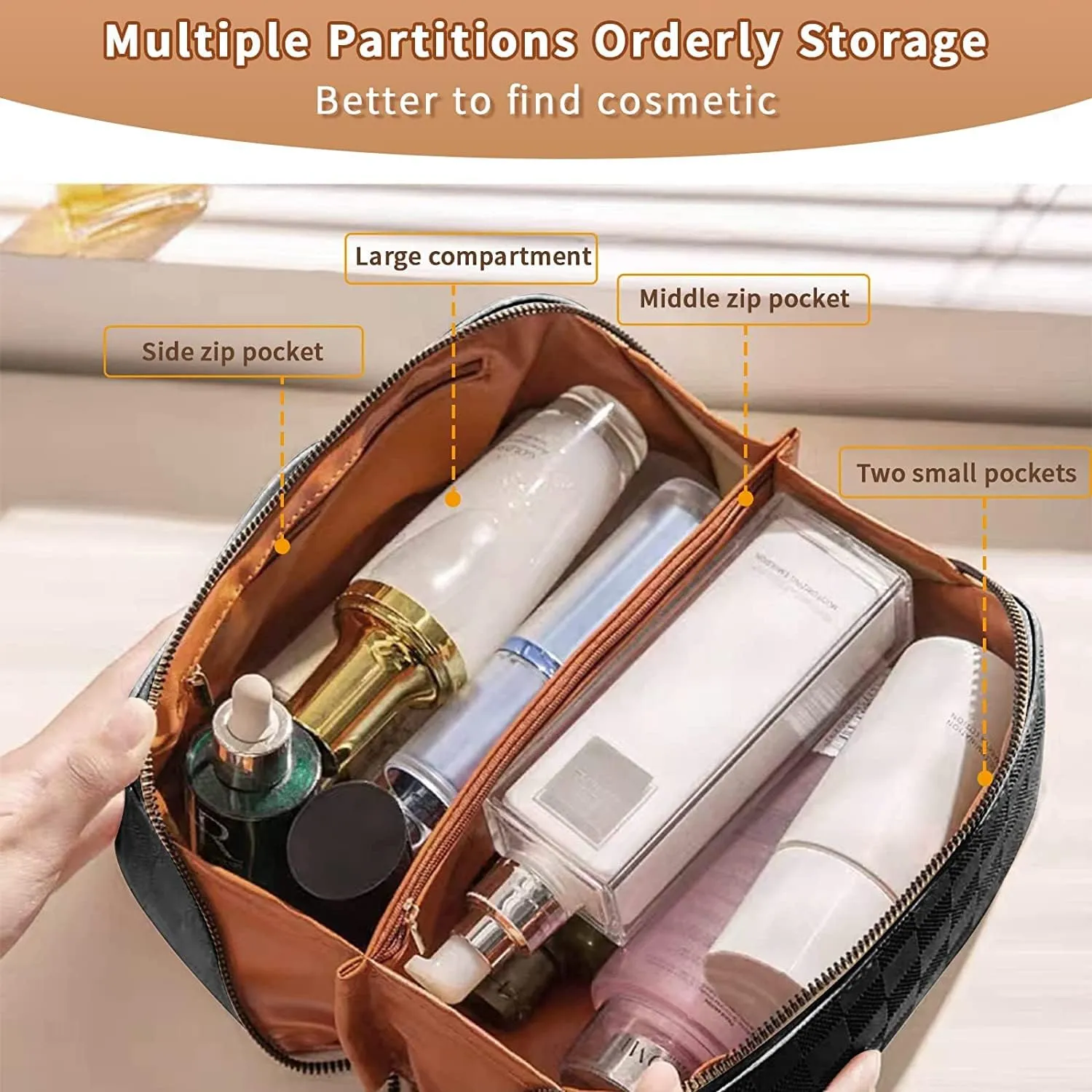 Portable Grid Travel Cosmetic Bag Makeup Bag with Handle PU Leather Makeup Pouch Large Capacity Toiletry Bag (White)
