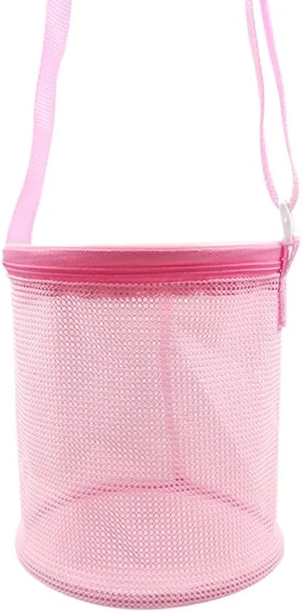 Shell Mesh Beach Toy Bag Shell Collecting Bag Sea Storage Shell Bag, Shell bag for Picking Up Shell Collecting Bucket Bags with Adjustable Shoulder Strap for Kids (Pink)