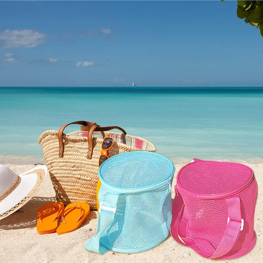 Shell Mesh Beach Toy Bag Shell Collecting Bag Sea Storage Shell Bag, Shell bag for Picking Up Shell Collecting Bucket Bags with Adjustable Shoulder Strap for Kids (Pink)