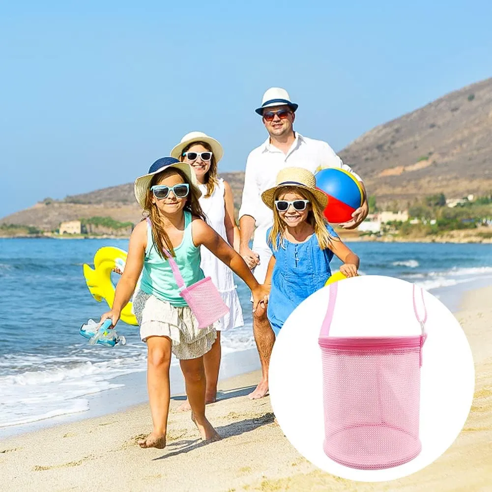 Shell Mesh Beach Toy Bag Shell Collecting Bag Sea Storage Shell Bag, Shell bag for Picking Up Shell Collecting Bucket Bags with Adjustable Shoulder Strap for Kids (Pink)