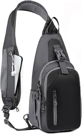 Sling Bag for Mens Crossbody Bag Travel Sling Backpack Hiking Daypack Chest Bag Shoulder Bag, Large Cross Body Bag with Chest Phone Holder Black&Grey