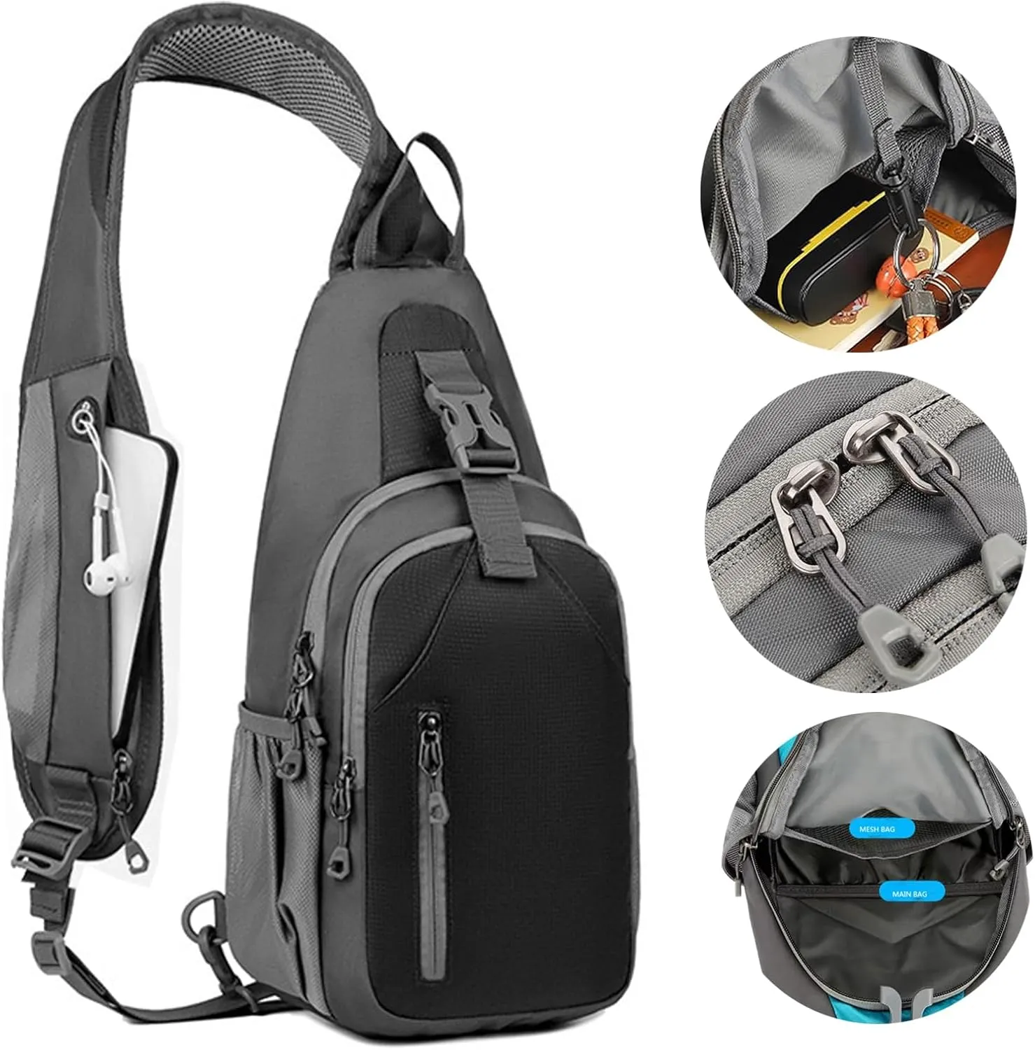 Sling Bag for Mens Crossbody Bag Travel Sling Backpack Hiking Daypack Chest Bag Shoulder Bag, Large Cross Body Bag with Chest Phone Holder Black&Grey