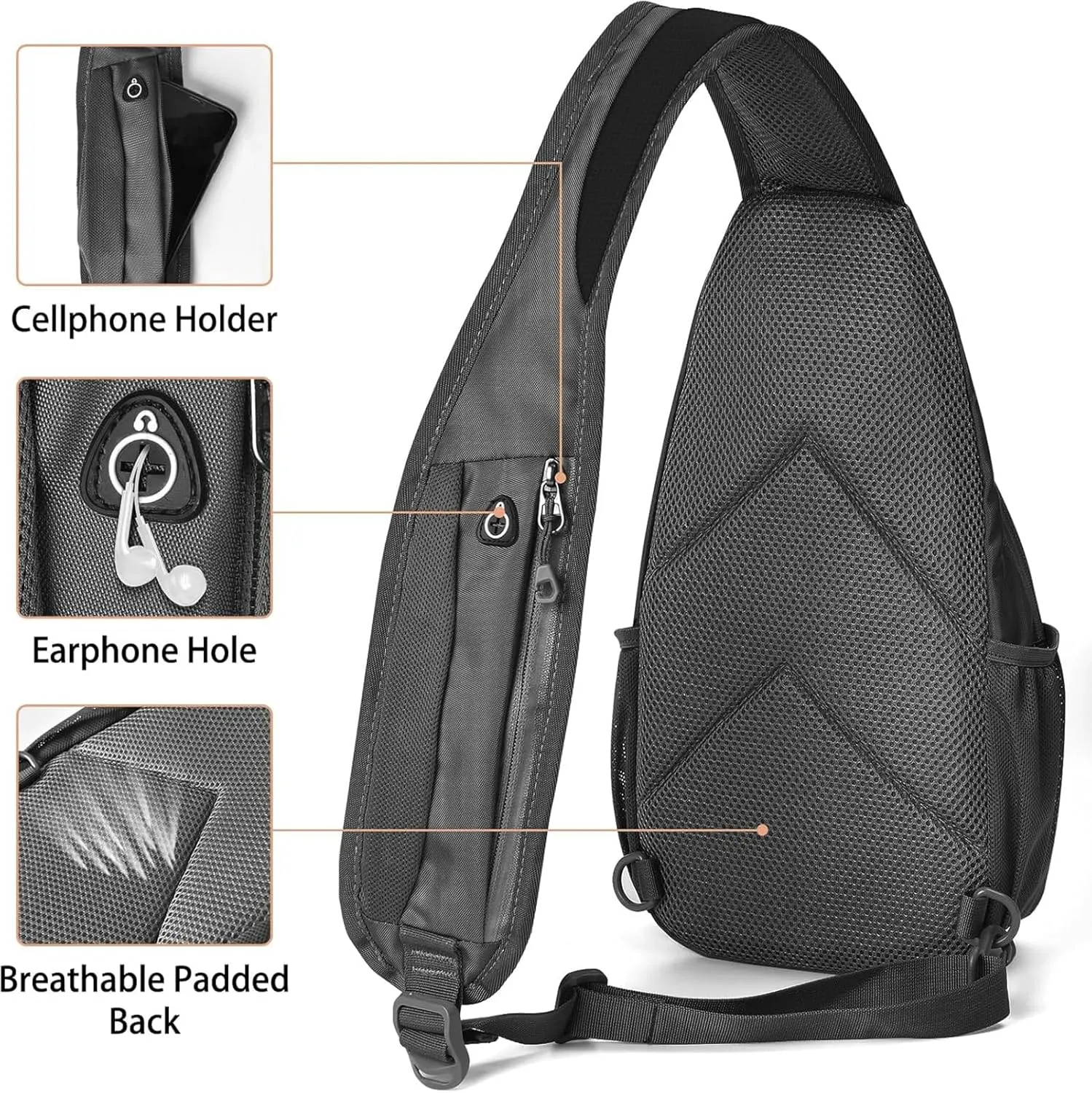 Sling Bag for Mens Crossbody Bag Travel Sling Backpack Hiking Daypack Chest Bag Shoulder Bag, Large Cross Body Bag with Chest Phone Holder Black&Grey