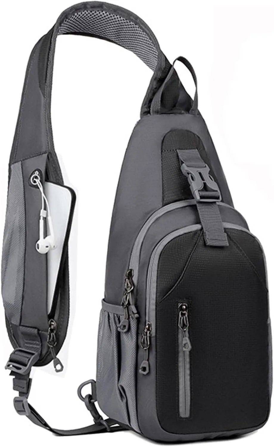 Sling Bag for Mens Crossbody Bag Travel Sling Backpack Hiking Daypack Chest Bag Shoulder Bag, Large Cross Body Bag with Chest Phone Holder Black&Grey