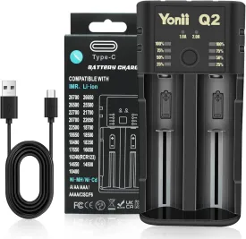 Smart Universal 2 Bay Fast Charger for Rechargeable Batteries - Ni-MH, Ni-Cd, Li-ion, IMR, 10440, 14500, 16340, RCR123A, 26650 - 3.6V, 3.7V, 1.2V - 1A, 2A Optional (No Battery)