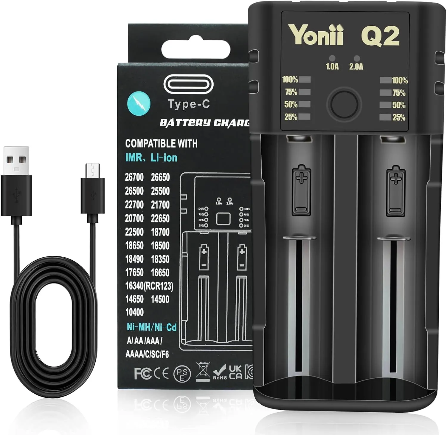 Smart Universal 2 Bay Fast Charger for Rechargeable Batteries - Ni-MH, Ni-Cd, Li-ion, IMR, 10440, 14500, 16340, RCR123A, 26650 - 3.6V, 3.7V, 1.2V - 1A, 2A Optional (No Battery)