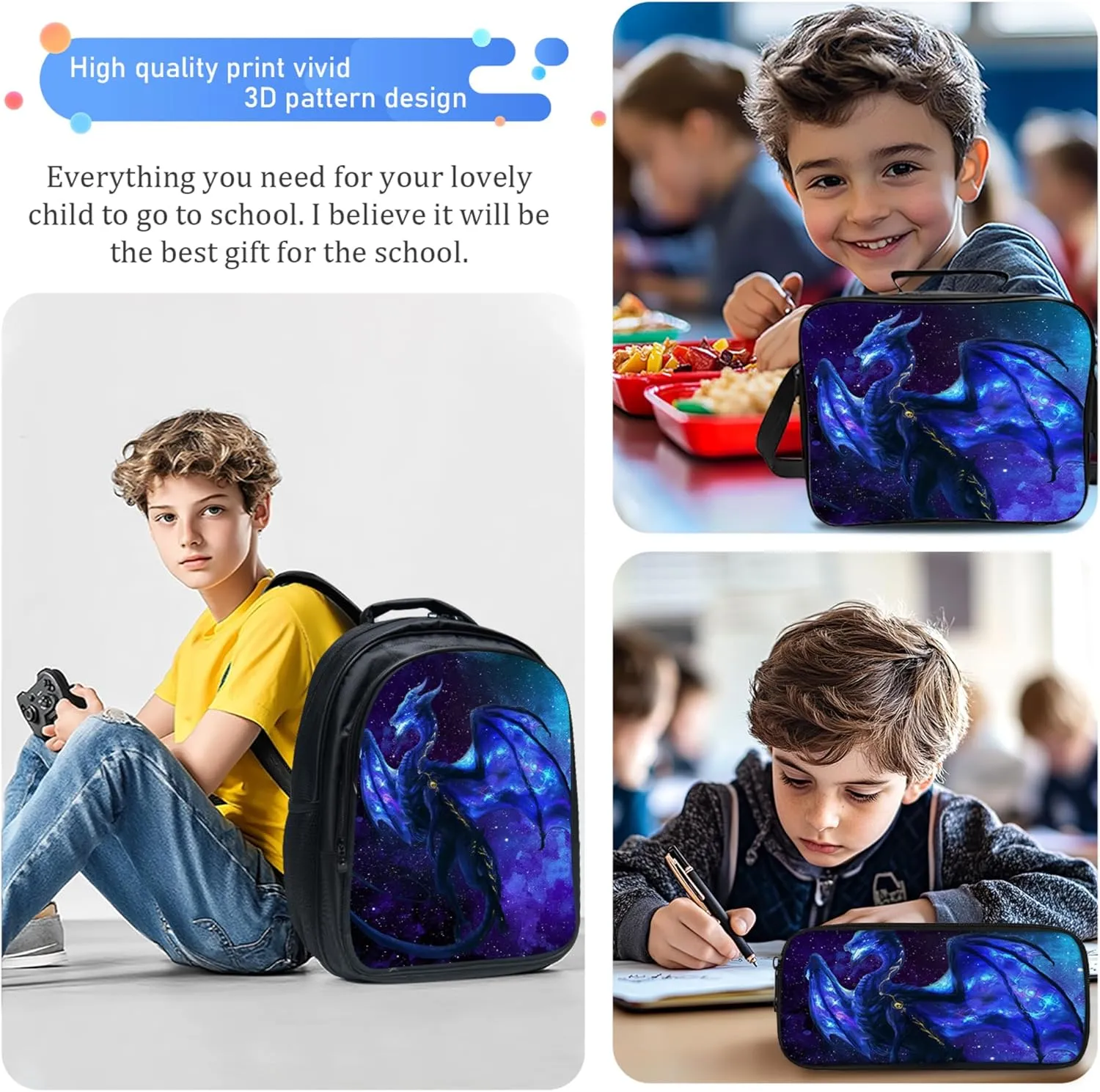 Tijuboni Kids Backpack for School Boys and Girls - 3pcs, Dragon School Backpack with Lunch Box and Pencil Case for Children Teens Bookbag 16 Inch Large Capacity