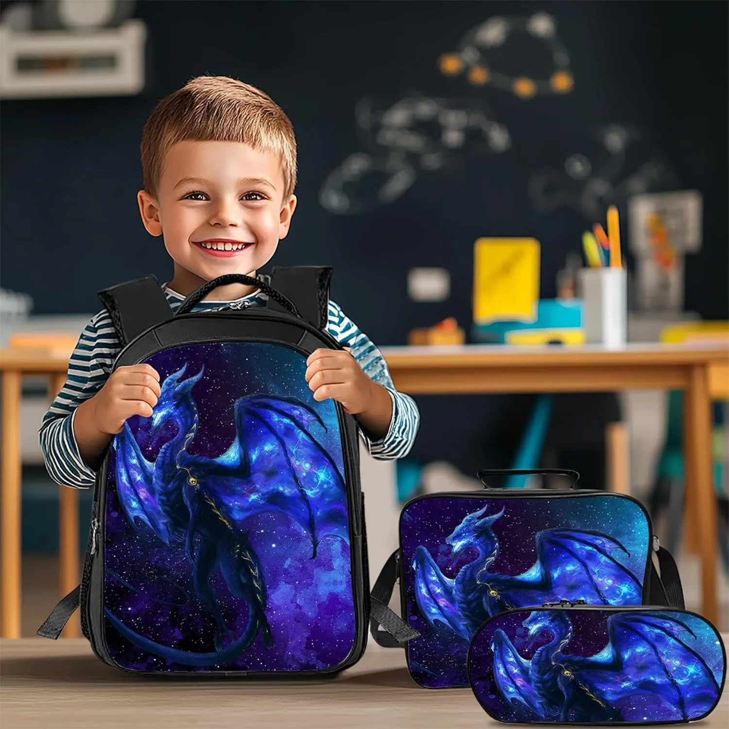 Tijuboni Kids Backpack for School Boys and Girls - 3pcs, Dragon School Backpack with Lunch Box and Pencil Case for Children Teens Bookbag 16 Inch Large Capacity