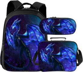 Tijuboni Kids Backpack for School Boys and Girls - 3pcs, Dragon School Backpack with Lunch Box and Pencil Case for Children Teens Bookbag 16 Inch Large Capacity