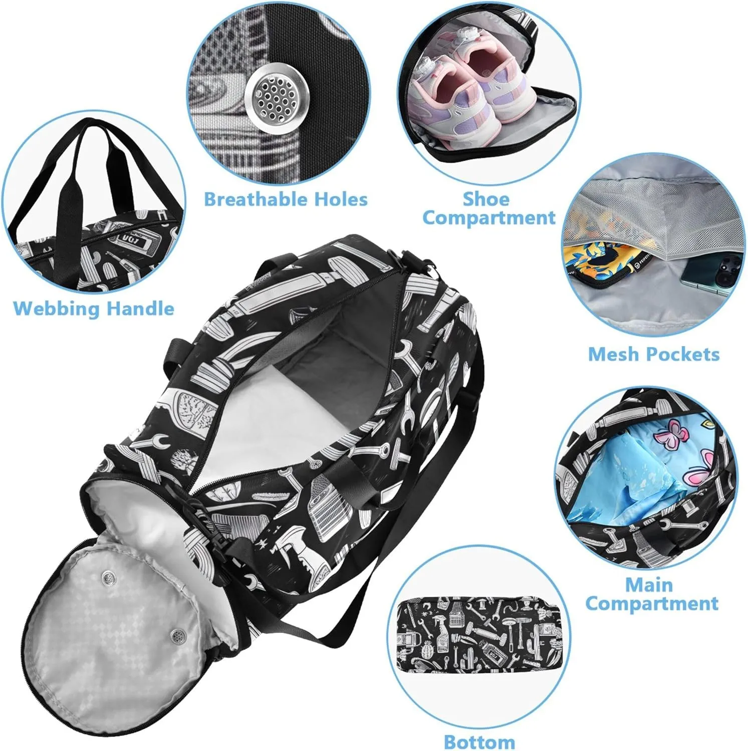 Tools DIY Monochrome Girls Tote Duffle Bags Travel Overnight Bags Toddler Boys Carry on Duffel Bag Luggage Kids Sports