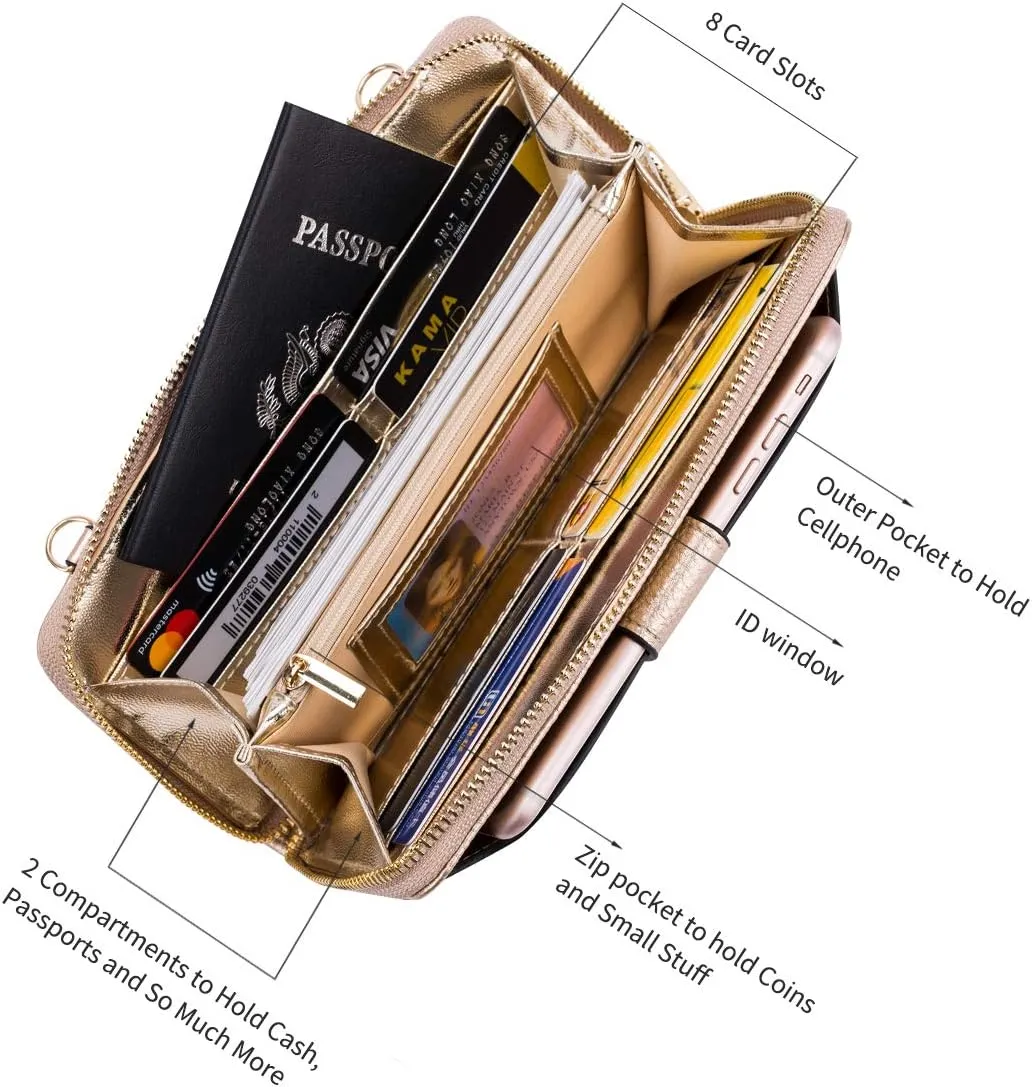 Womens Wristlet Wallet Crossbody Bag Cellphone Purse Handbag RFID Card Slots 2 Strap Wrist